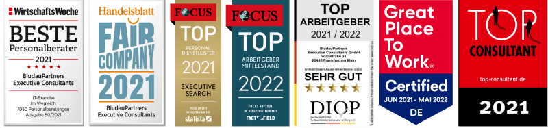 BludauPartners | Bester Arbetgeber 2020, Fair Company 2021, Focus Siegel 2021, Focus Siegel 2022, Top Arbeitgeber 2021/2022, Great Place To Work, Top Consultant 2021